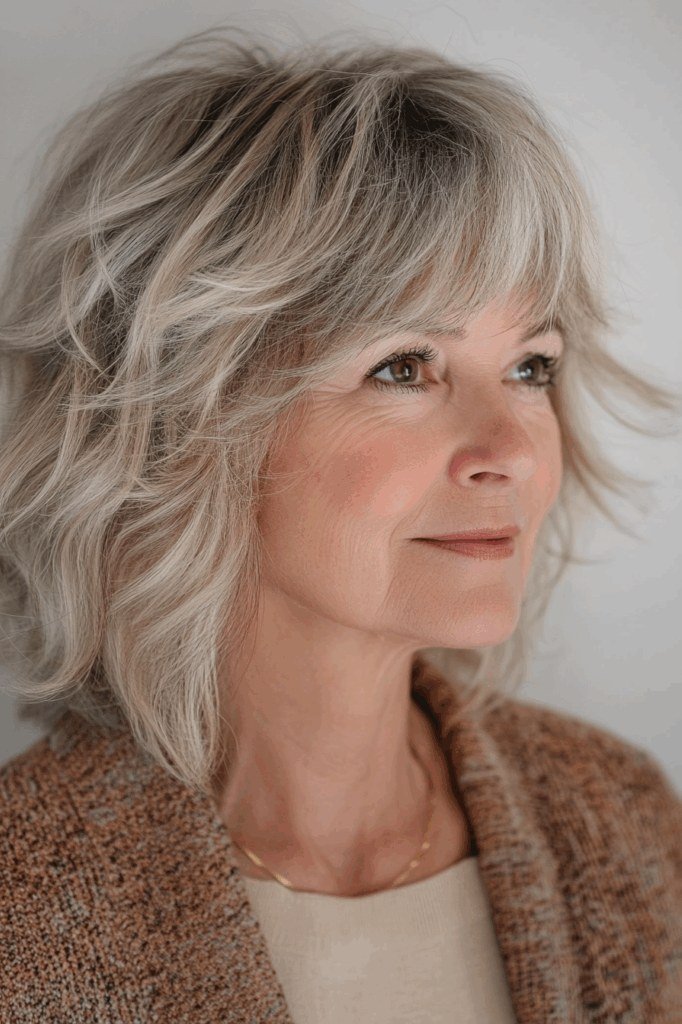 silver shaggy layered bob, three-quarter view - layered bob curtain bangs over 50, idea 44