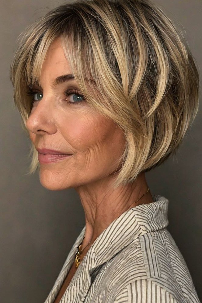 blonde layered bob with side sweep, profile view - layered bob curtain bangs over 50, idea 45