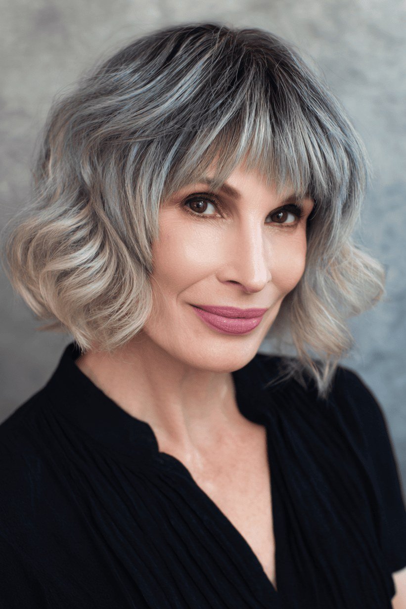 silver wavy layered bob with bangs, front view - layered bob curtain bangs over 50, idea 46