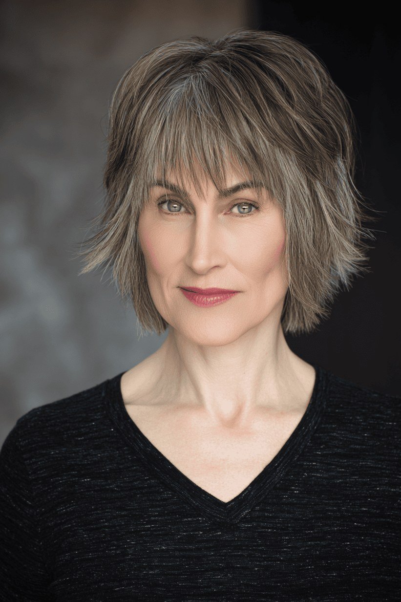 salt-and-pepper layered bob with bangs, front view - layered bob curtain bangs over 50, idea 47