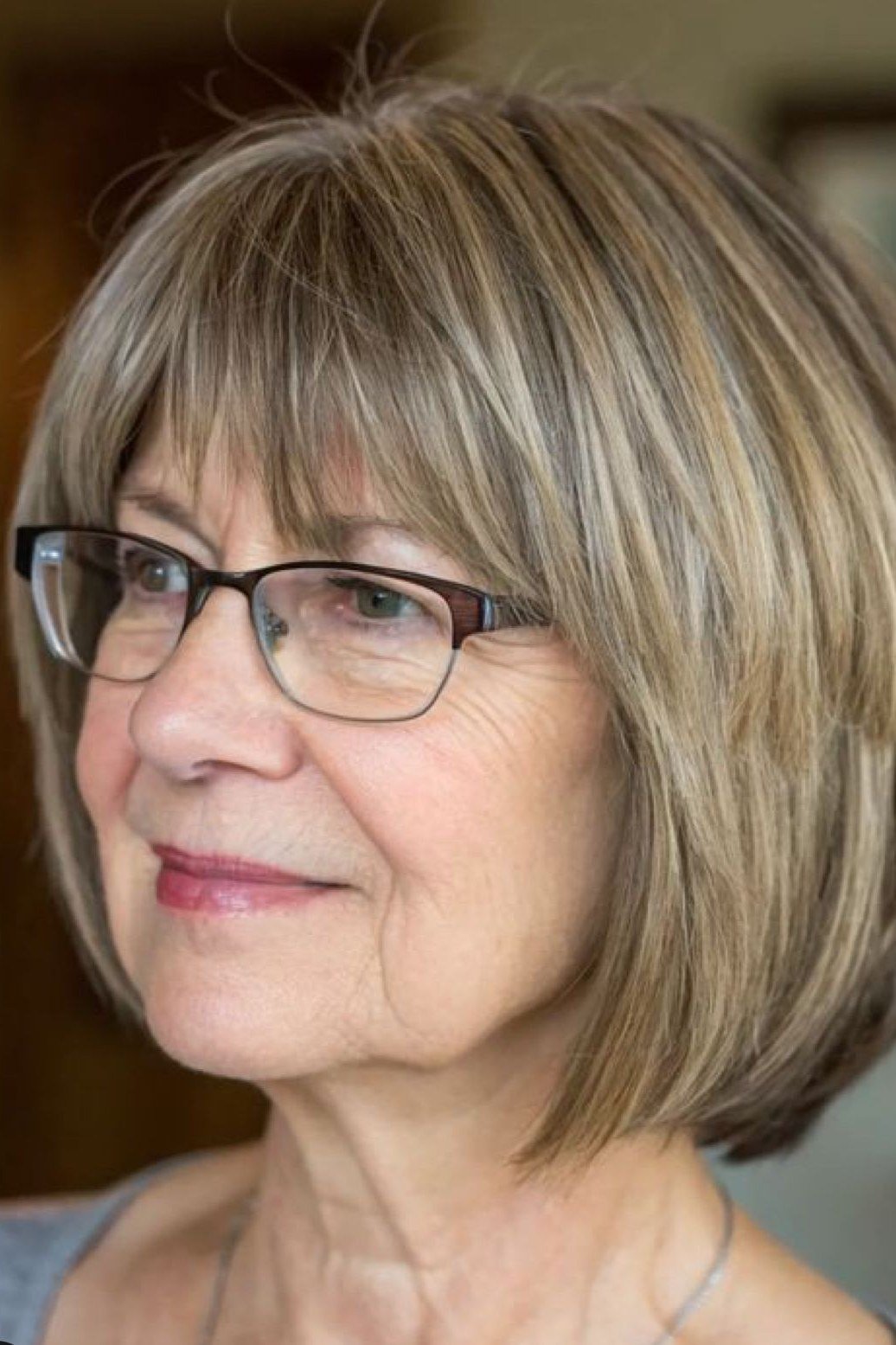 blonde layered bob with bangs and glasses, three-quarter view - layered bob curtain bangs over 50, idea 48