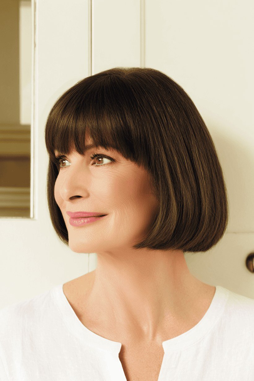 dark rounded bob with full bangs, profile view - layered bob curtain bangs over 50, idea 49