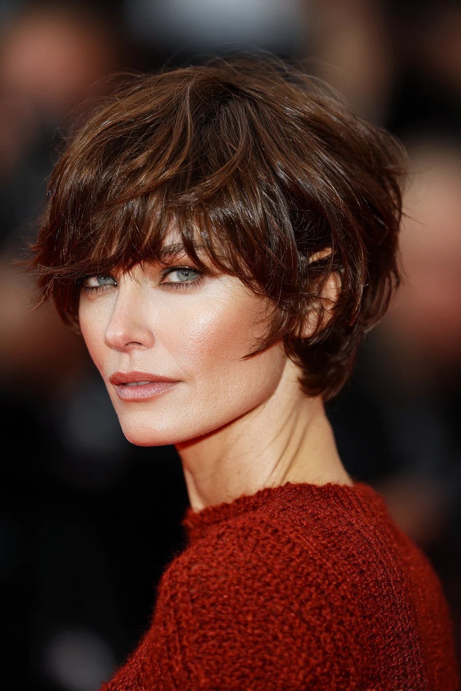 brunette pixie-bob with bangs, three-quarter view - layered bob curtain bangs over 50, idea 50