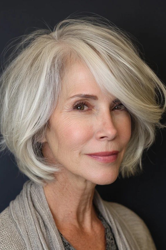 silver layered bob, three-quarter view - layered bob curtain bangs over 50, idea 51