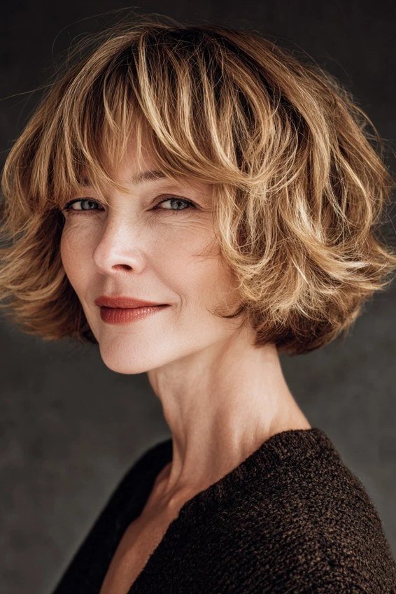 blonde shaggy layered bob with bangs, three-quarter view - layered bob curtain bangs over 50, idea 52