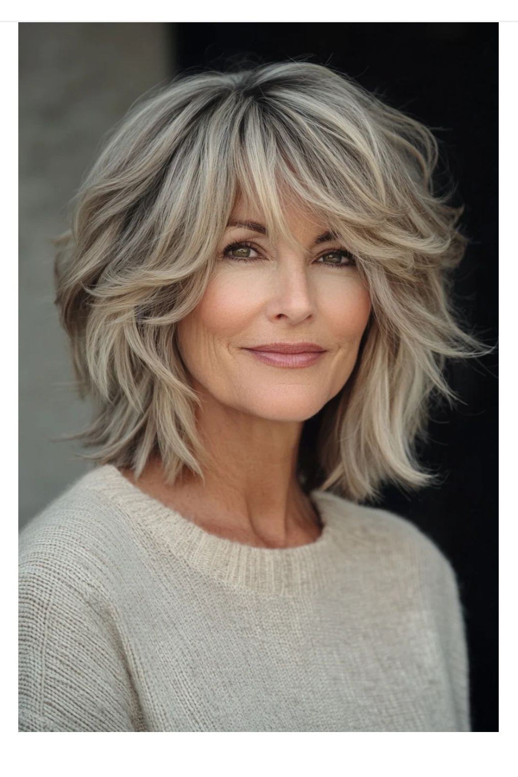 silver shaggy layered bob with bangs, front view - layered bob curtain bangs over 50, idea 53