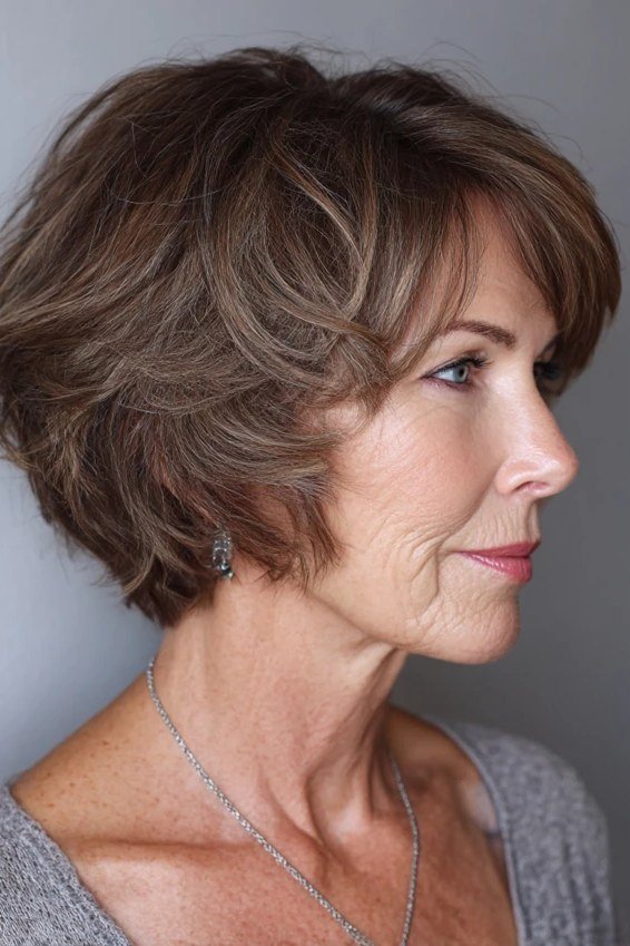 salt-and-pepper layered bob with bangs, profile view - layered bob curtain bangs over 50, idea 54