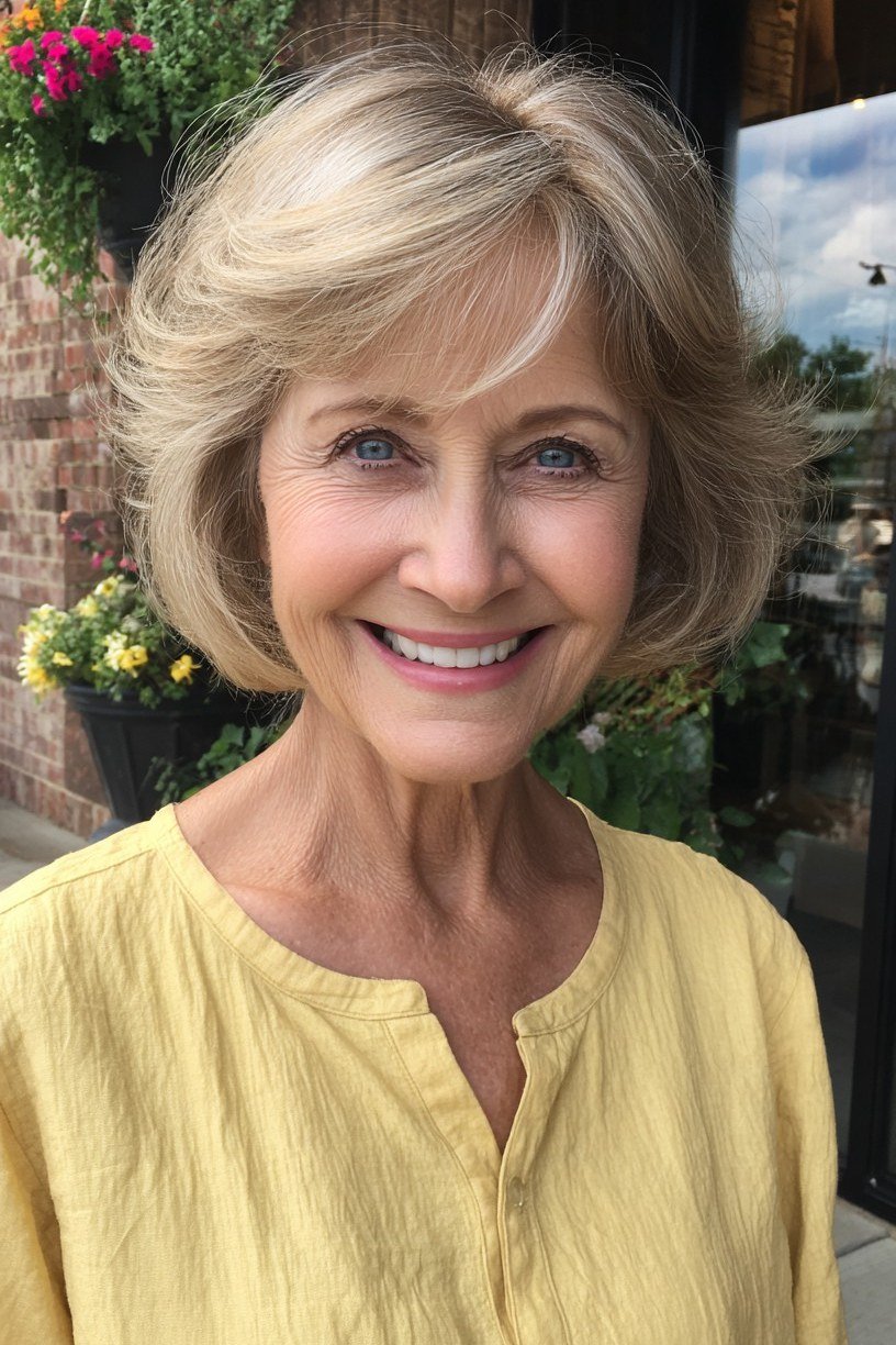 blonde layered bob with bangs, smiling front view - layered bob curtain bangs over 50, idea 55