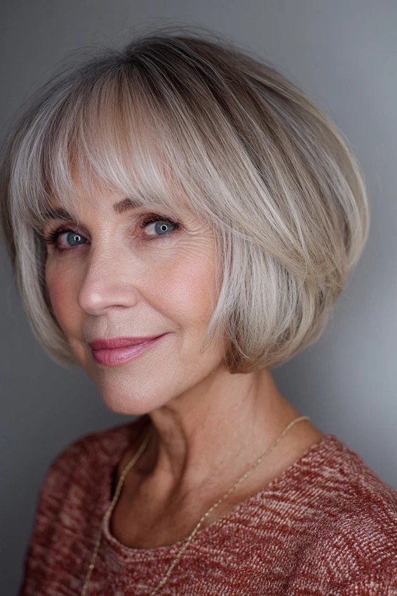 silver rounded layered bob with bangs, front view - layered bob curtain bangs over 50, idea 56
