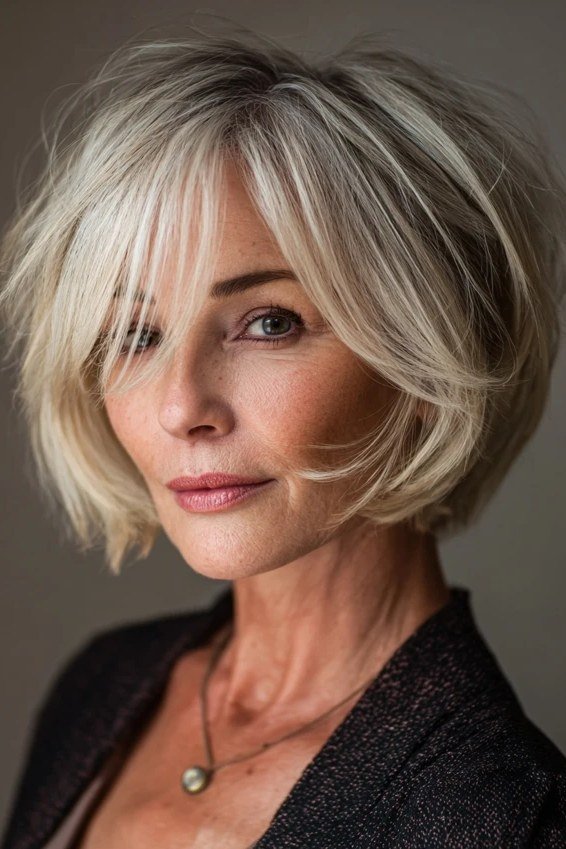 silver layered bob with curtain bangs, three-quarter view - layered bob curtain bangs over 50, idea 57