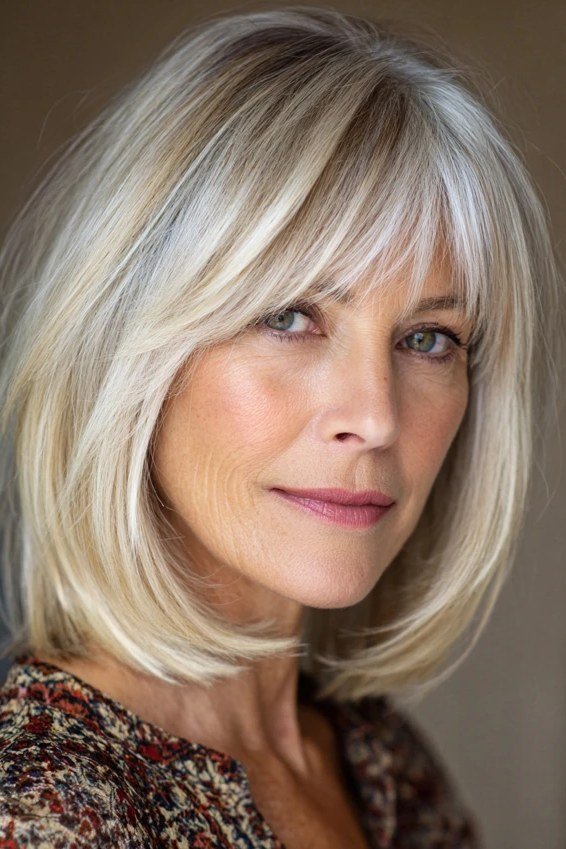platinum layered lob with curtain fringe, front view - layered bob curtain bangs over 50, idea 59