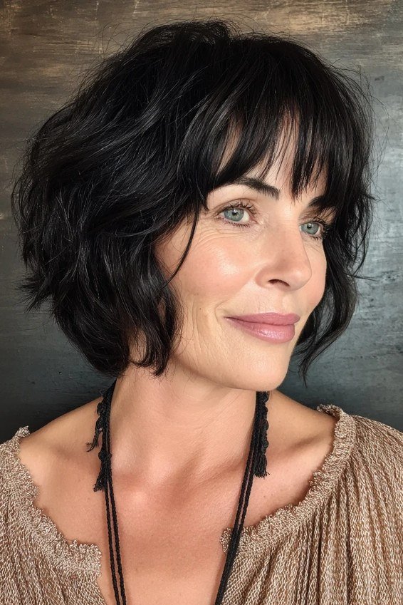 black layered bob with bangs, three-quarter view - layered bob curtain bangs over 50, idea 61