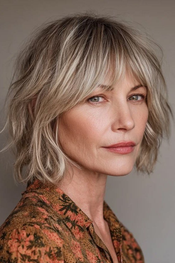 blonde layered bob with bangs, three-quarter view - layered bob curtain bangs over 50, idea 62