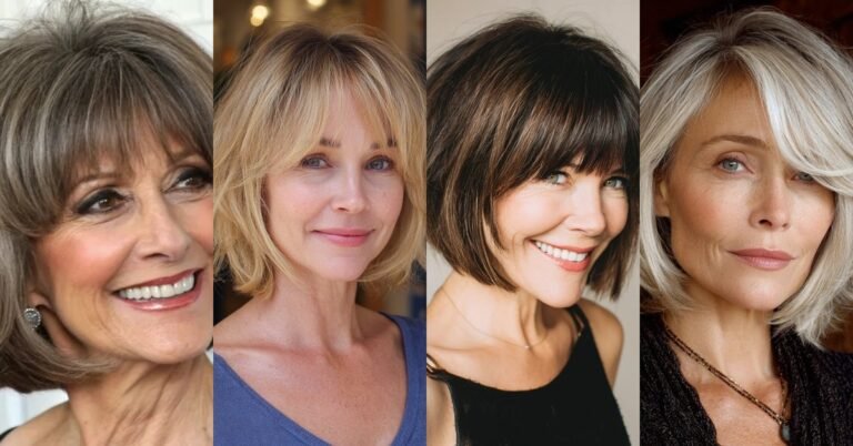 Collage of 62 layered bob with curtain bangs hairstyle ideas for women over 50