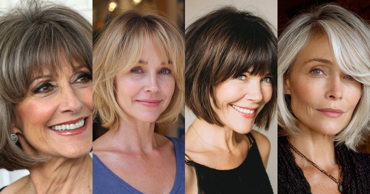 Collage of 62 layered bob with curtain bangs hairstyle ideas for women over 50