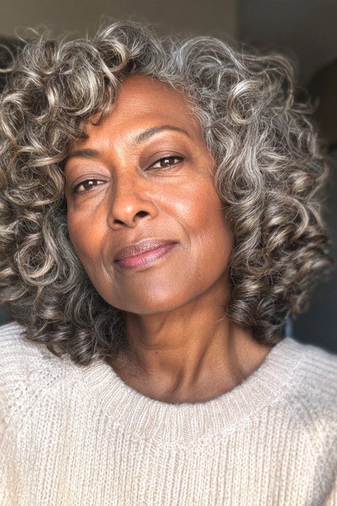 Silver-Gray Lob with Bangs for Women Over 60