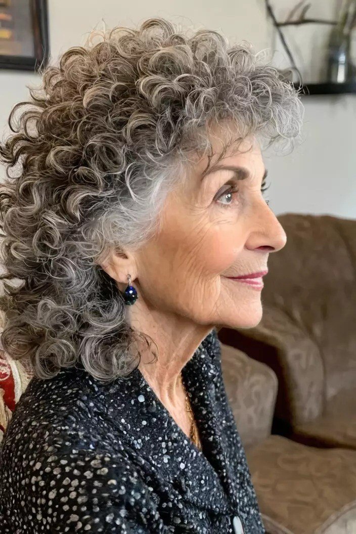 Patterned-Blouse Gray Bob for Women Over 60