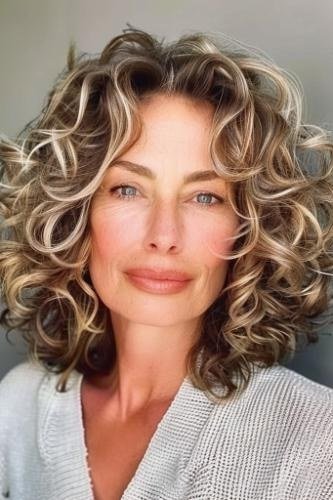 Highlighted Curly Lob for Women Over 60