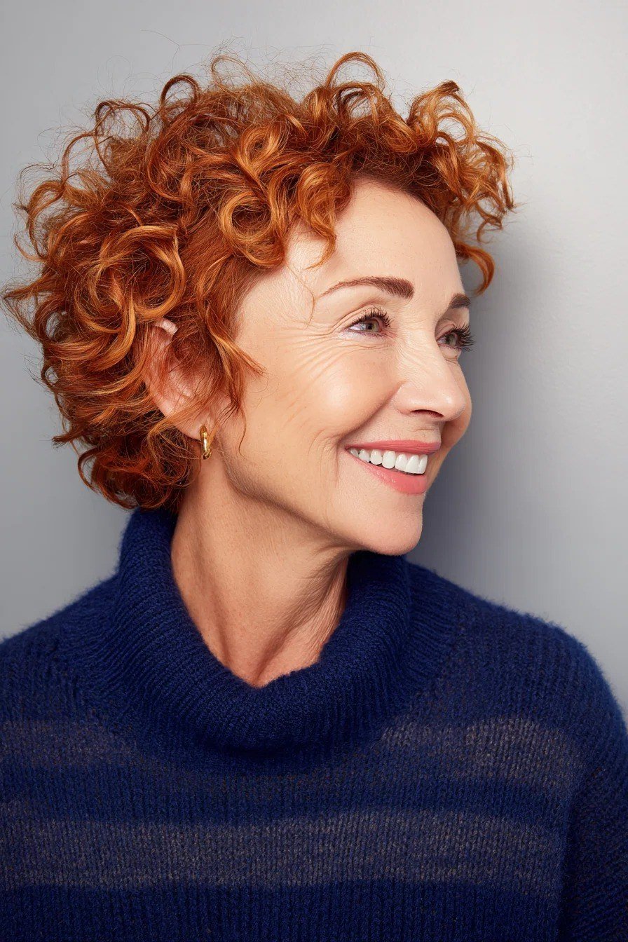 Copper-Red Curly Crop for Women Over 60