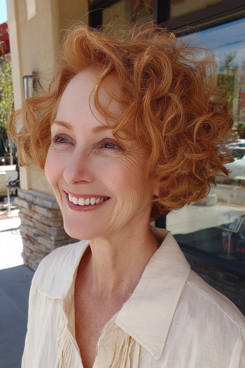 Copper Curls, White Shirt for Women Over 60