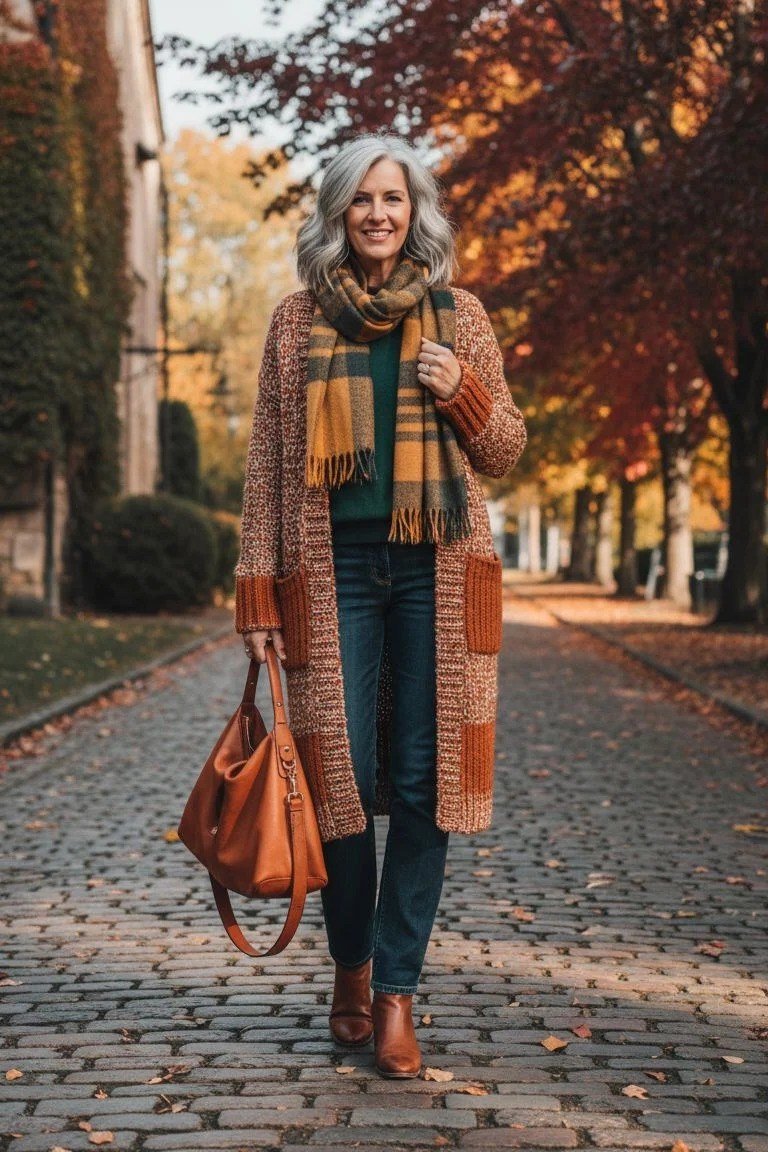 Rust Plaid Coat with Mustard Scarf and Dark Jeans - classy fall outfit idea for women over 50