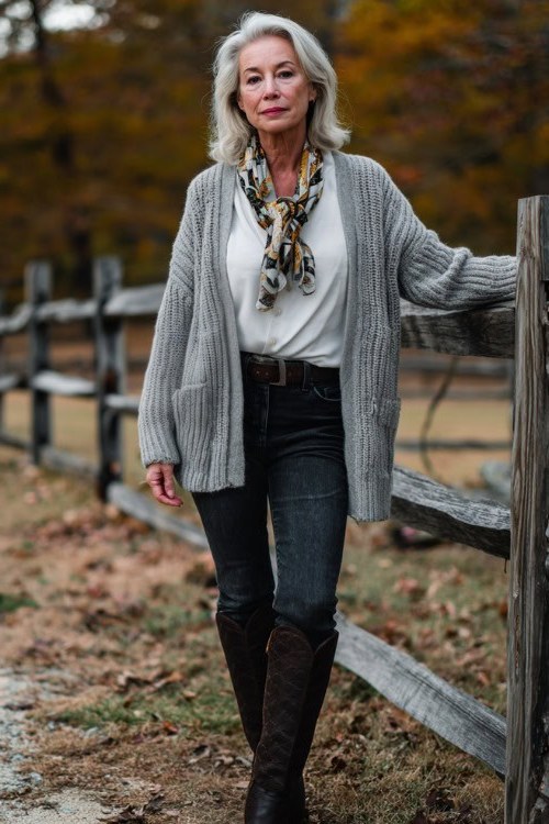 Gray Cardigan with White Tee and Tall Boots - classy fall outfit idea for women over 50