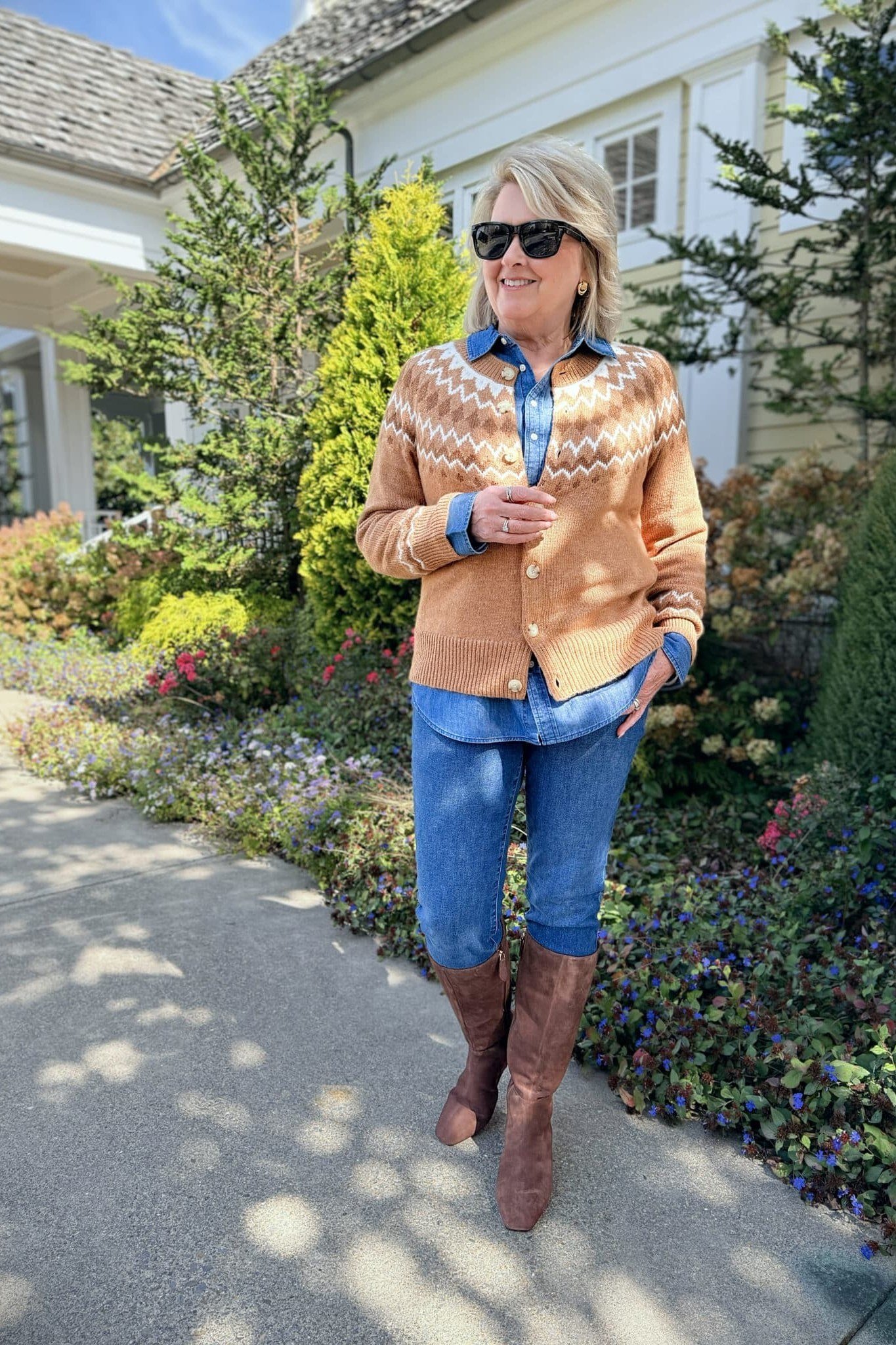 Fair Isle Cardigan with Blue Shirt and Tall Boots - classy fall outfit idea for women over 50