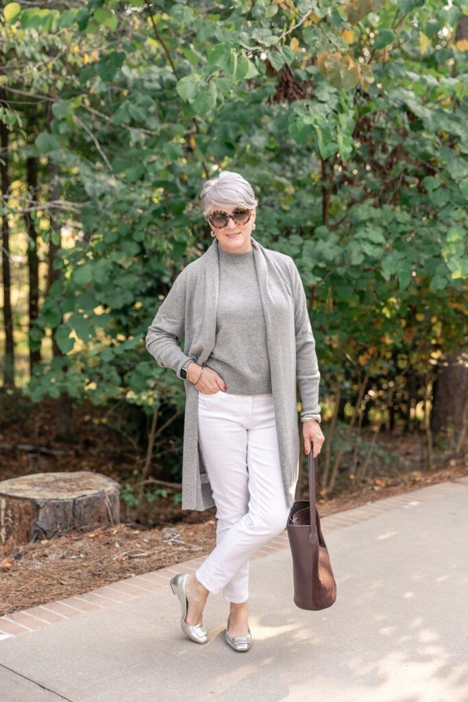 Gray Cardigan with Gray Tee and White Jeans - classy fall outfit idea for women over 50