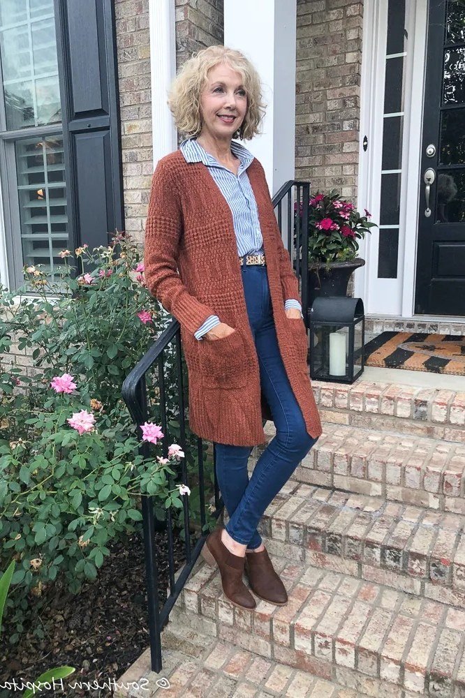 Rust Cardigan with Chambray Shirt on the Porch - classy fall outfit idea for women over 50
