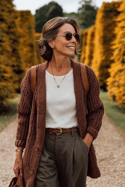Brown Knit Cardigan with Cream Top and Olive Trousers - classy fall outfit idea for women over 50
