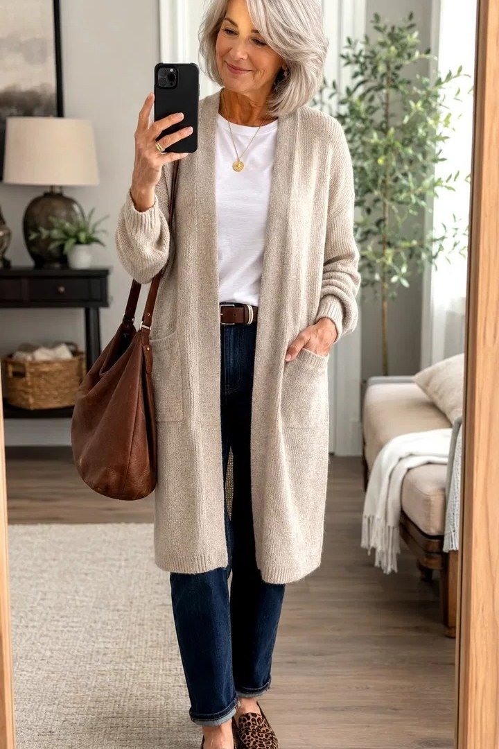 Cream Duster Cardigan with Mirror Selfie Style - classy fall outfit idea for women over 50