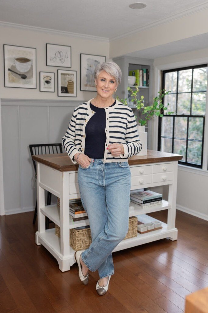 Striped Cardigan with Light Jeans in the Kitchen - classy fall outfit idea for women over 50
