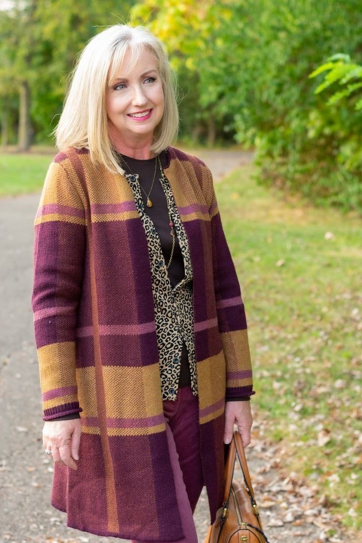 Purple Plaid Coat with Black Top - classy fall outfit idea for women over 50
