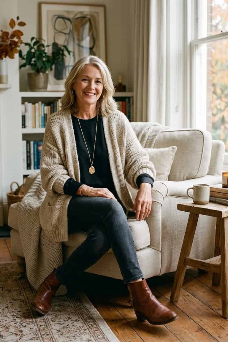 Beige Cardigan with Black Top and Jeans in the Armchair - classy fall outfit idea for women over 50