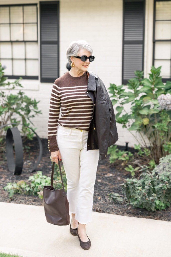 Brown Striped Top with White Jeans - classy fall outfit idea for women over 50