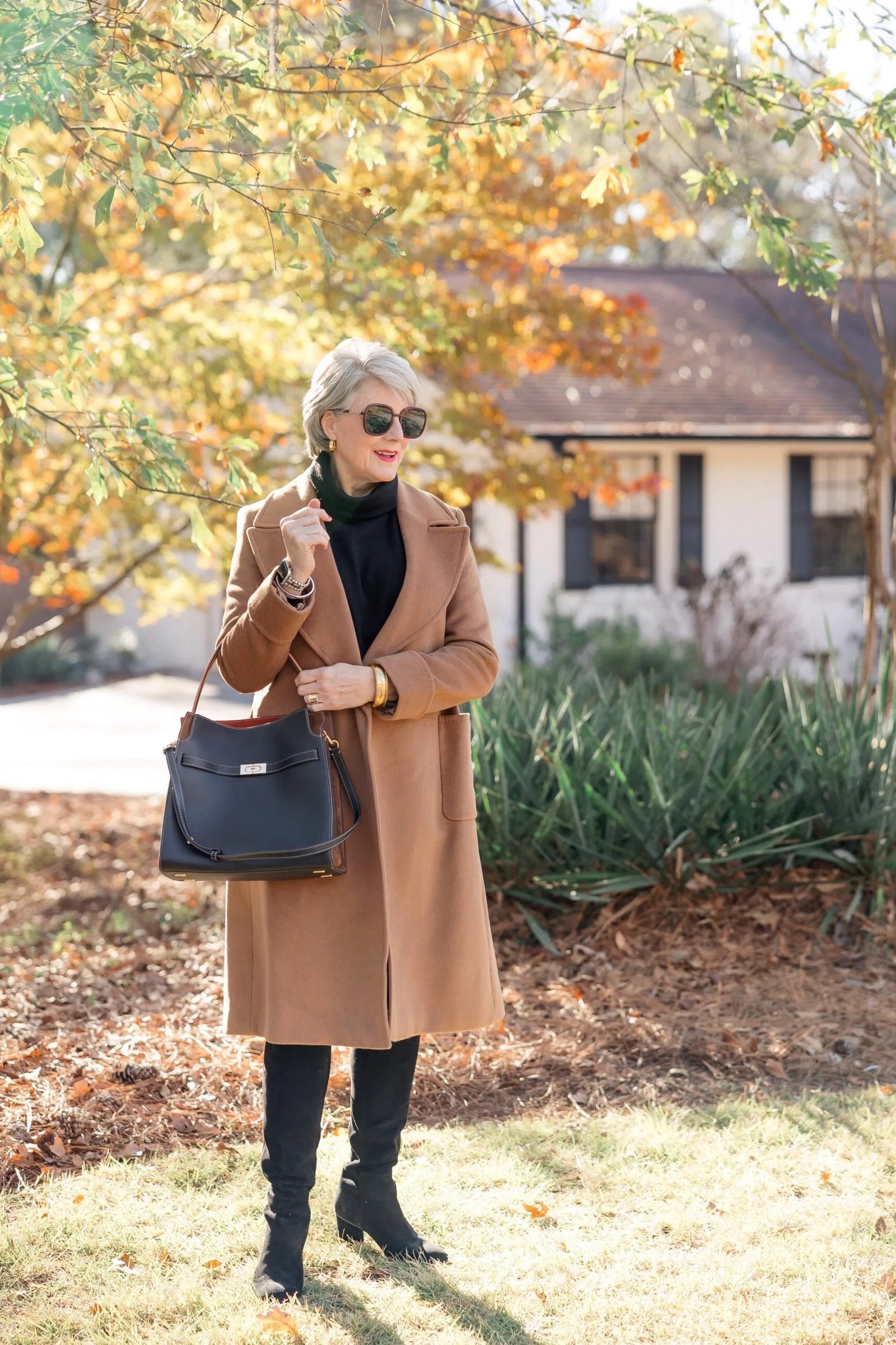 Camel Coat with Black Turtleneck and Tall Boots - classy fall outfit idea for women over 50