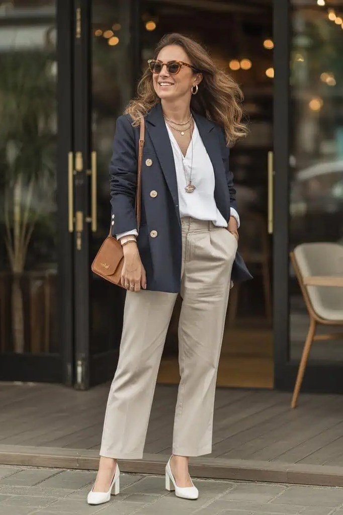 Navy Blazer with White Top and Beige Trousers - classy fall outfit idea for women over 50