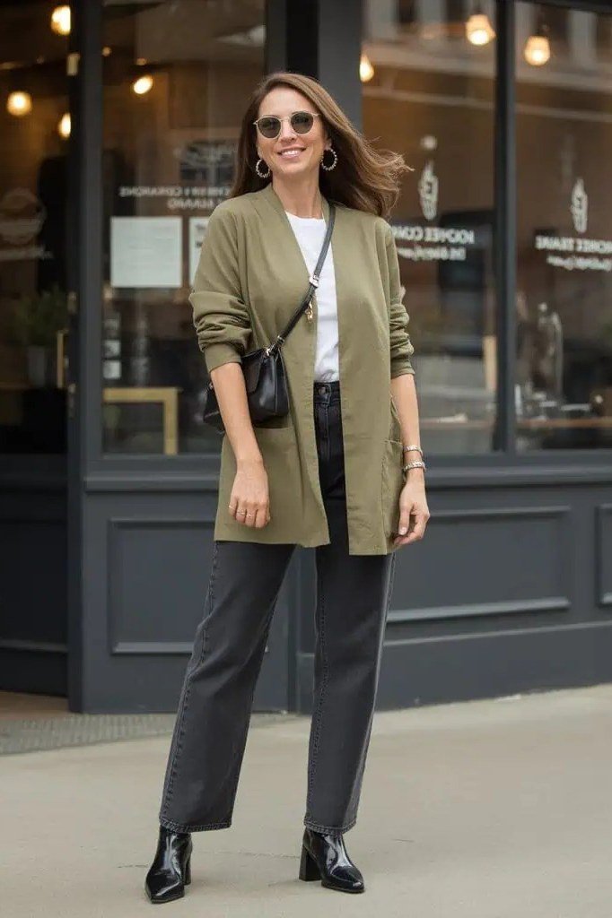 Olive Blazer with Gray Trousers - classy fall outfit idea for women over 50