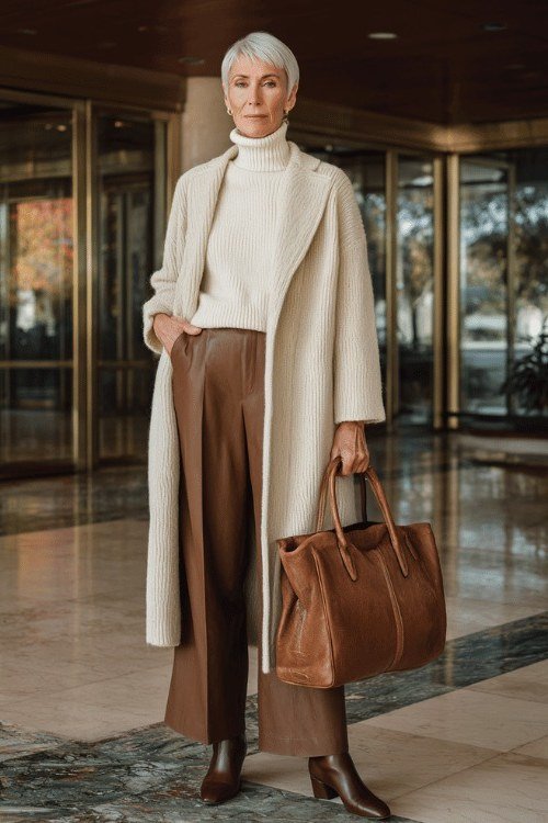 Cream Coat with White Turtleneck and Brown Trousers - classy fall outfit idea for women over 50