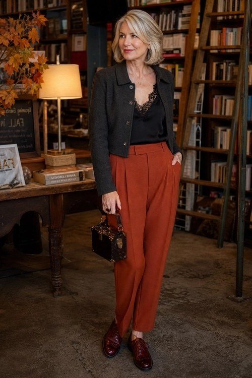 Black Blazer with Rust Trousers in the Library - classy fall outfit idea for women over 50