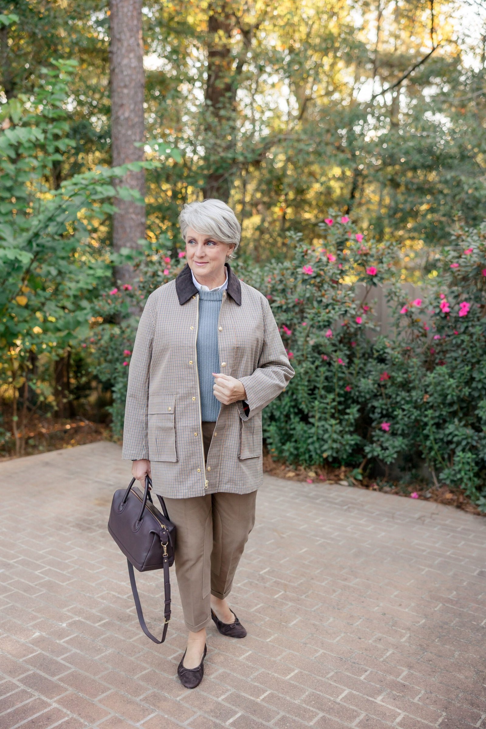 Beige Coat with Gray Top and Khaki Trousers - classy fall outfit idea for women over 50