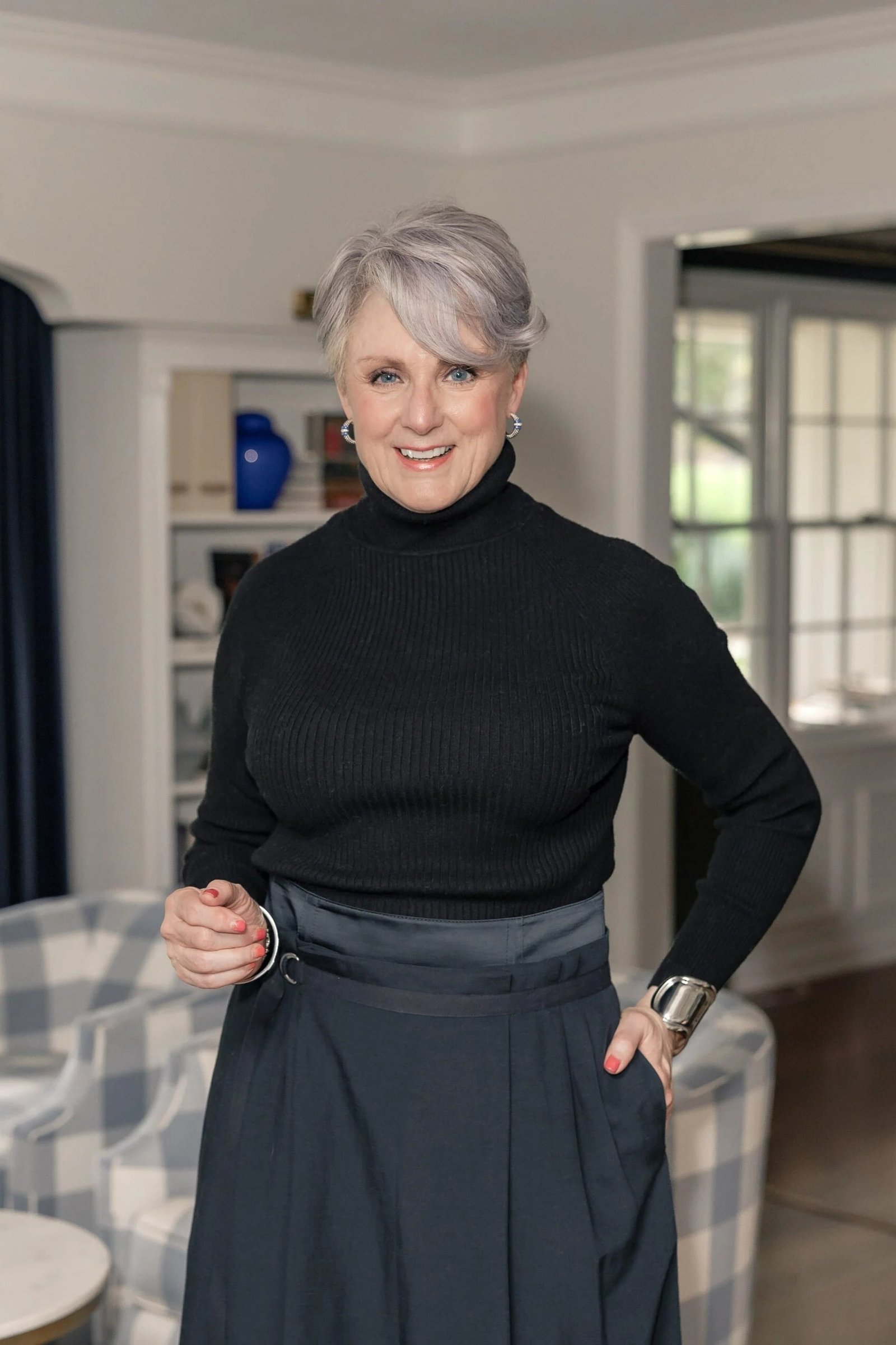 Black Turtleneck with Dark Gray Midi Skirt - classy fall outfit idea for women over 50