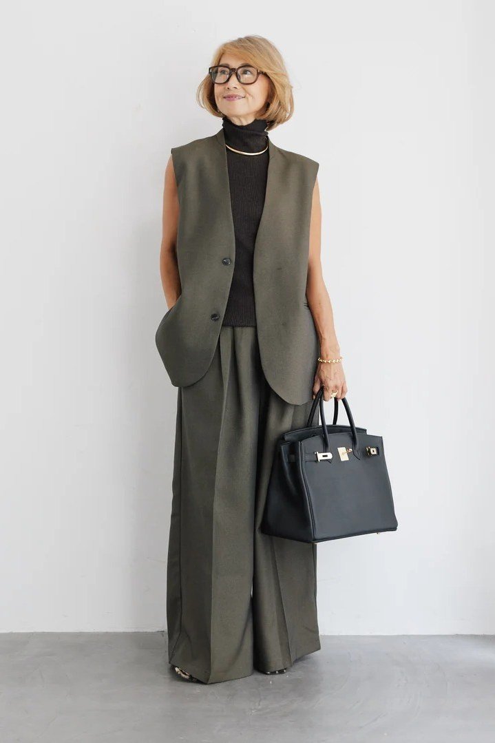 Olive Vest with Olive Wide Trousers in the Studio - classy fall outfit idea for women over 50