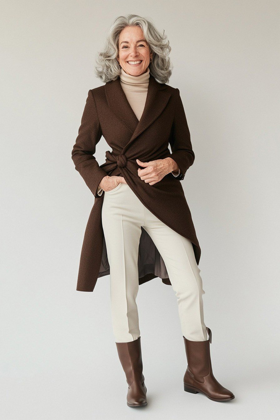Brown Coat with Cream Trousers and Brown Boots - classy fall outfit idea for women over 50