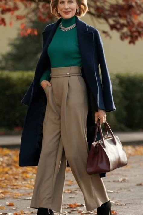 Navy Coat with Green Turtleneck and Tan Trousers - classy fall outfit idea for women over 50