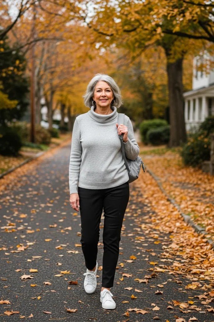 Gray Sweater with Black Trousers and White Sneakers - classy fall outfit idea for women over 50