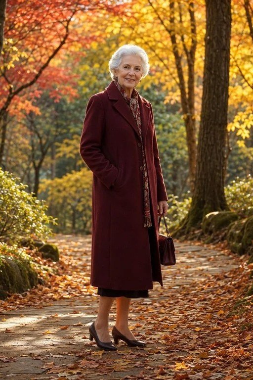 Burgundy Long Coat on an Autumn Forest Path - classy fall outfit idea for women over 50