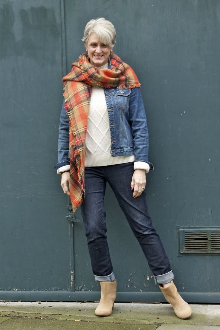 Denim Jacket with Orange Plaid Scarf and Dark Jeans - classy fall outfit idea for women over 50