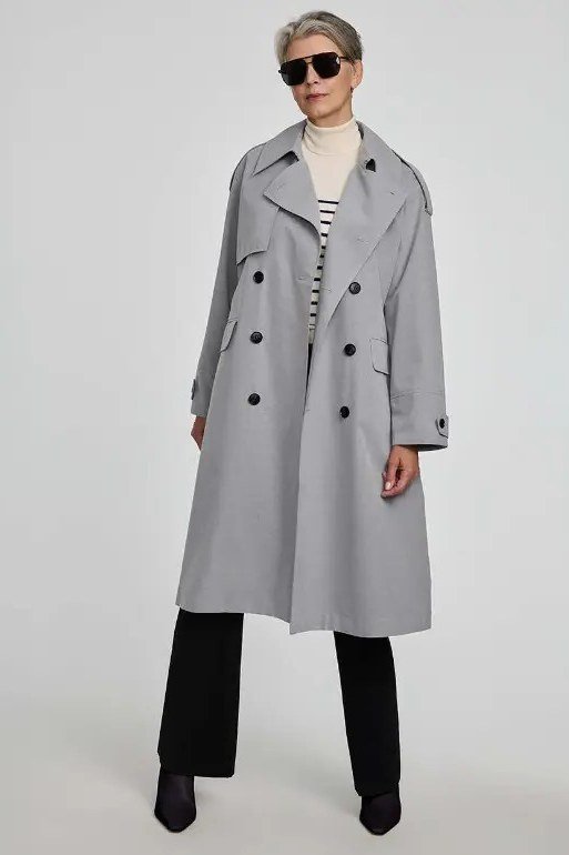 Light Gray Trench Coat with Black Trousers - classy fall outfit idea for women over 50