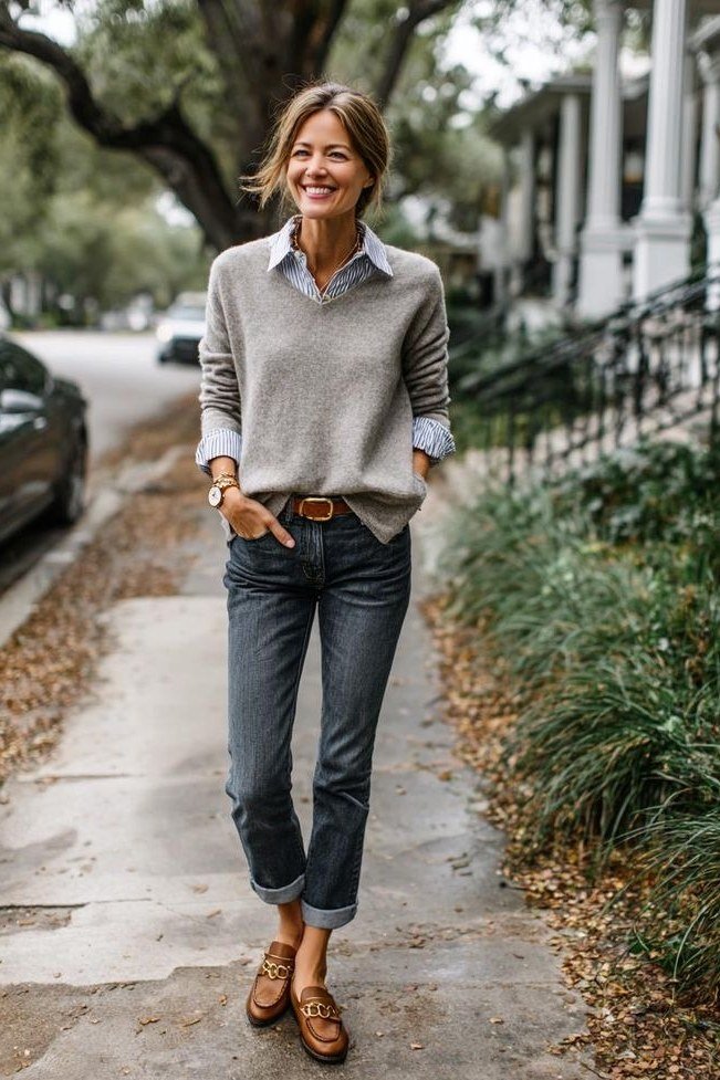 Gray Sweater with Dark Jeans on a Tree-Lined Sidewalk - classy fall outfit idea for women over 50
